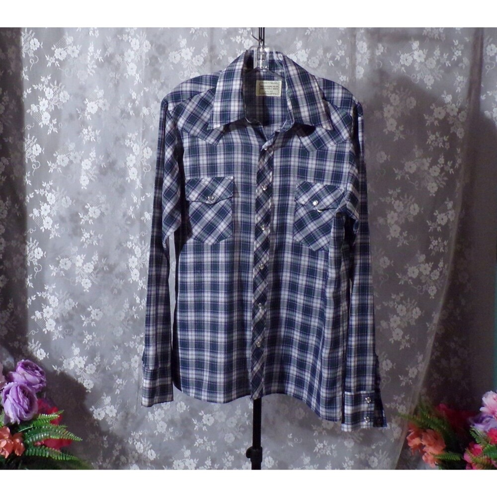 Vintage 70s Cowboy Shirt Size Large 1970s Retro Western Rodeo Blue Plaid Hipster
